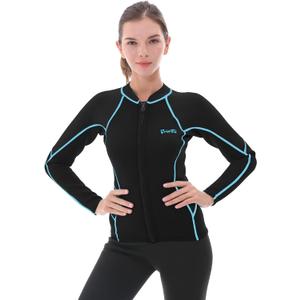 GoldFin Wetsuit Top Women, 2mm Wetsuits Jacket Long Sleeve Neoprene Tops for Water Aerobics Diving Surfing Swimming (Small, Blue/line)