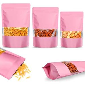 100 PCS Smell Proof Bags, Resealable Packaging Bags Matte Stand Up Foil Pouch with Clear Window, 6.3x9.4 Inch Sealable Smell Proof Pouch for Food Storage Small Business Packaging (Pink)