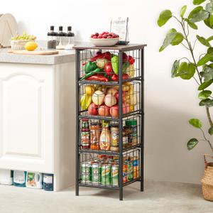 5-Tier Free Standing Storage Shelves with 4 Pull-Out Baskets, Bathroom Organizer Shelves Unit with Wood Top, Fruit Basket for Kitchen, Storage Tower Organizer Basket Cart for Bathroom Black