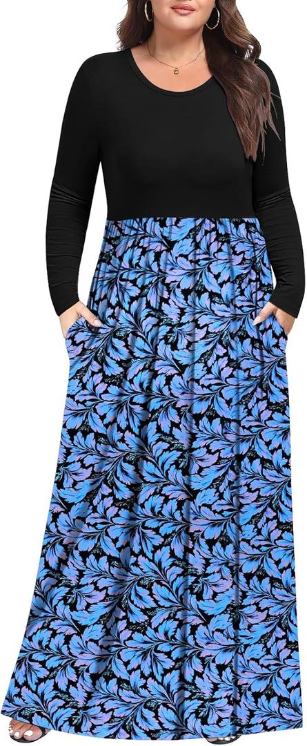 Womens Plus Size Maxi Dress Casual Long Sleeve Long Dresses with Pockets (Black, XL)