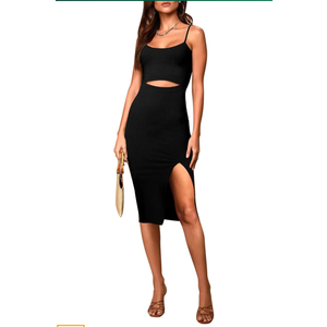 Pink Queen Women's Spaghetti Strap Cutout Side Slit Ribbed Knee Length Bodycon Midi Dress Club Party Dresses for Women, XL, Black 