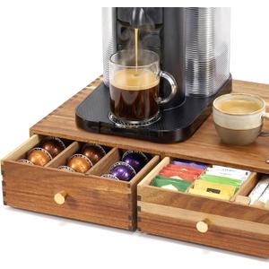 K Cup Organizer Drawer, Acacia Wood Coffee Pod and Tea Bag Storage Box, 2-Drawer Coffee Pod Holder for Countertop Coffee Bar, Under Brewer Coffee Maker Stand, 30 Pod Capacity