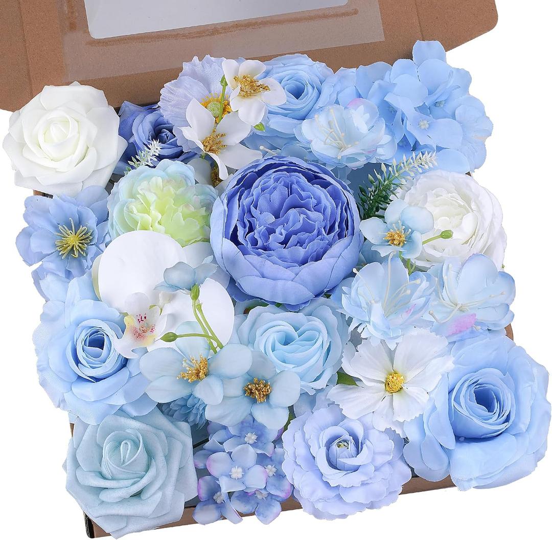 Artificial Flowers Combo, Faux Silk Dahlia Roses Bulk, Fake Bouquet with Stems Box Set for Wedding Arrangements Bridal Floral Baby (Light Blue, The Modern Classic)