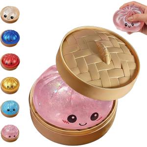 Glitter Dumpling,Colorful Dumpling Squishes Stress Balls with Steamer,Glitter Dumplings Squishies Box,Soft Squeeze Decompression Dough for Anxiety Relief Easter Basket Stuffers (Light Pink)