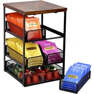 Tea Bag Organizer with 5 Drawers, Wooden & Metal Tea Storage Organizer for TeaBags, Coffee Pods, Creamers & Sugar  Countertop Tea Bag Holder for Coffee Bar and Kitchen, Space-Saving Tea Storage Rack