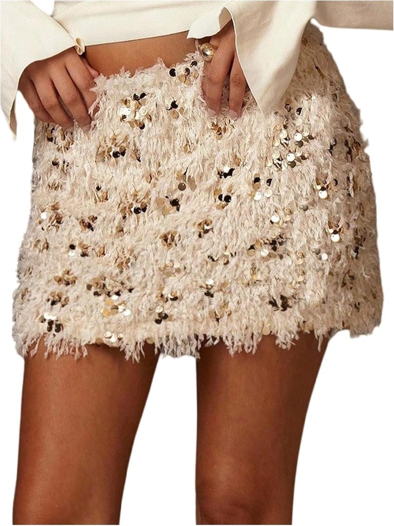 MakeMeChic Women's Shiny Sequin Mini Skirt Furry Faux Fur Bodycon Fall Party Skirts Clubwear (Large, Apricot)