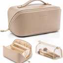 VLANDO Makeup Bag,Travel Toiletry Bag,Cosmetic Bag for Women PU Leather Portable Make up Bag for Skincare, Brushes & Travel Essentials-Toffee