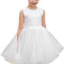Flower Girl Dress Half Sleeves Lace Top Tulle Skirt Girls Birthday Wedding Party First Communion Dresses (White, S)