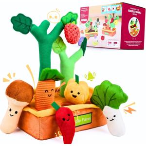 Baby Sensory Toys Plush Fruits and Vegetables, Plush Farm Developmental Toys 6-12 Months for Toddlers with Crinkle Rattle Squeaker Textures, 9 PCS Pull Out Fine Motor Skill Toddler Learning Toys