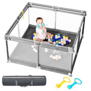Baby Playpen, 50"x50" Baby Playard, Playpen for Babies and Toddlers with Gate, Small Baby Playpen, Indoor & Outdoor Kid Activity Center with Anti-Slip Base, Sturdy Safety with Soft Mesh(Gray)