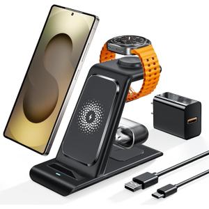 Wireless Charging Station for Samsung Wireless Charger Galaxy S26 Ultra/S25/S24/S23/S22/Note20 Z Fold Flip7 Galaxy Watch 8/7/6/5/4/3 Active 2/1 Stand Galaxy Buds4/4 Pro/3/2 Pro/Live Multiple Devices (Black)