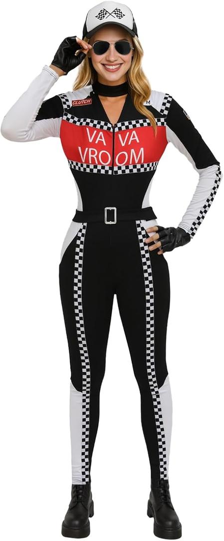 Womens Race Car Driver Costume  Sexy Racing Jumpsuit with Hat, Goggles & Gloves for Halloween & Themed Parties (L)