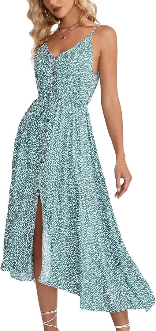 BROVAVE Women's 2026 Summer Casual Boho Sundress Polka Dot Spaghetti Strap V Neck Flowy Midi Dresses (Light Green, M)
