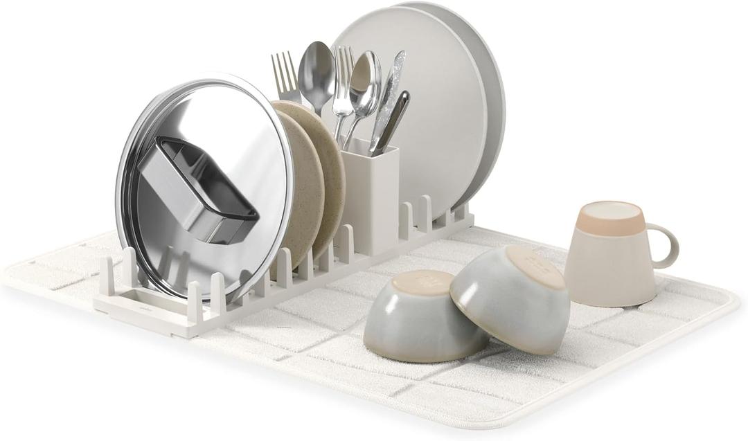 Umbra UDry Dish Drying Rack with Mat – Kitchen Countertop Dish Drainer & Absorbent Microfiber Drying Mat, Foldable Dish Rack Organizer for Plates, Cups & Utensils, Sand