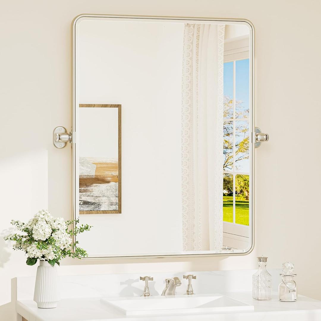 TETOTE Pivot Bathroom Mirror Brushed Nickel 24 x 30 Tilting Beveled Rectangle Metal Framed Tempered Glass Mirror, Farmhouse Adjustable Tilt Vanity Mirrors, Horizontal/Vertical, Easy to Install