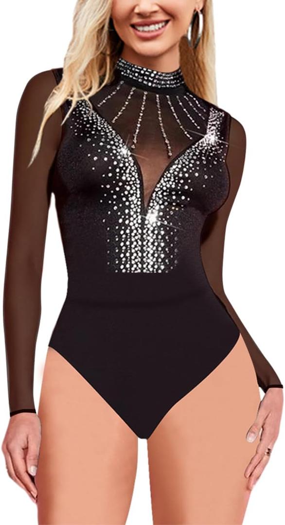 Women's Rhinestone Bodysuit Sheer Mesh Glitter Body Suit Tops Shirts Leotards (Large, #38 Black)