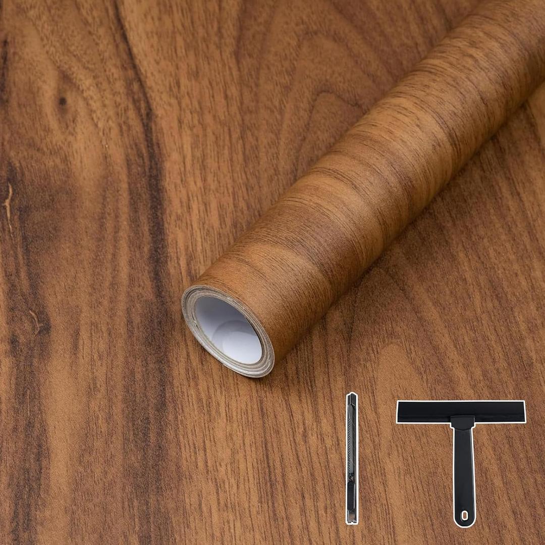 Wood Contact Paper with Tools, Peel and Stick Wallpaper Thicken for Countertops, Vintage Wood Grain Wallpaper Waterproof, Natural Wood Brown Self-Adhesive Removable Vinyl Film 15.7 in X 393 in