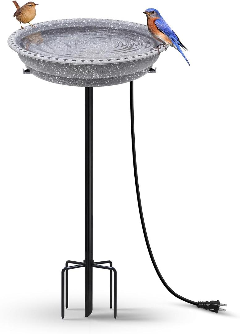 BIRD WISH Heated Bird Bath, Stable 5-Prong Metal Base Thermostat Control Weather Resistance All Seasons 75W Heated Bird Baths for Outdoors for Winter Garden Yard Patio Lawn, Spotted Grey
