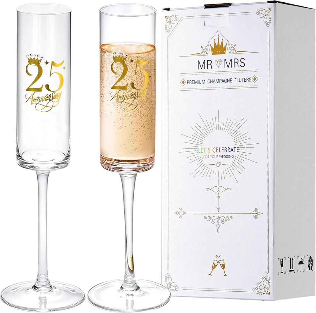 25th Wedding Anniversary Champagne Flutes Gifts, 25th Anniversary Decorations Champagne Glasses Set of 2, Wedding Gifts for Couples Anniversary, Parents Anniversar, normal