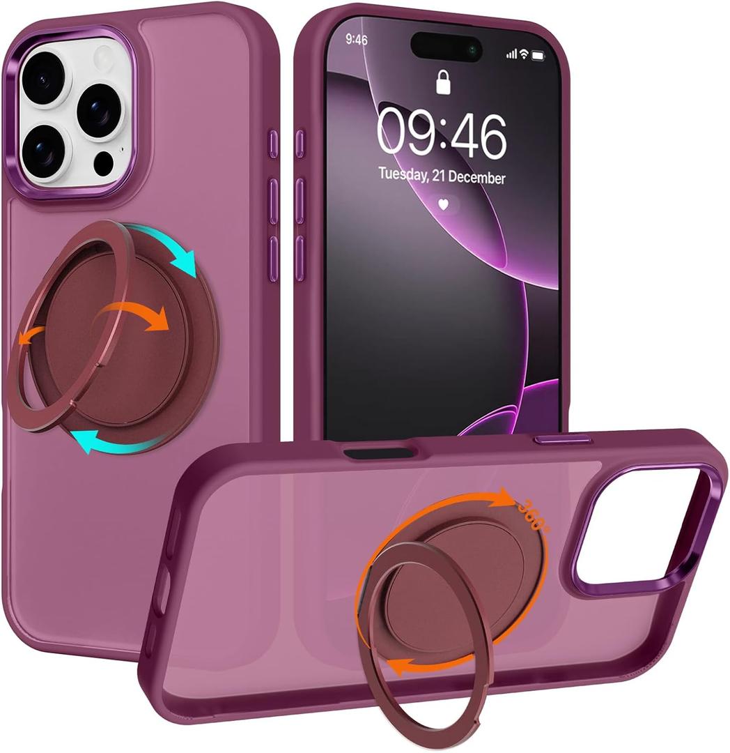 ZIYE Wine Red Case for iPhone 16 Pro Max Case with Stand [Compatible with MagSafe] Heavy Duty Protection Military Grade Shockproof Magnetic Cover with 360 Rotatable Ring Kickstand for Women Men