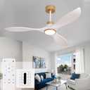 52" Solid Wood Ceiling Fans with Lights and Remote, Outdoor 3 Blade White Gold Ceiling Fans with Wall Control, 6 Speed, Dimmable, Quiet DC Motor for Patio, Bedroom, Living Room