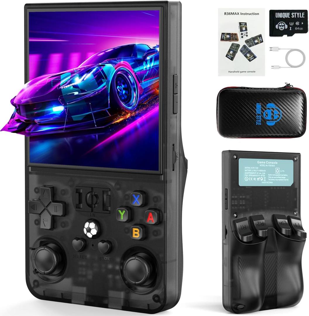 R36MAX Retro Handheld Game Console, 4.0 Inch IPS HD Screen Portable Retro Gaming Console, 1.5GHz CPU Support 30+ Emulator Console Video Game Console, 4000mAh Battery (64GB Black)