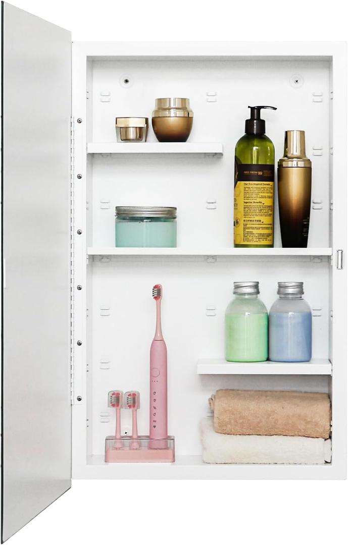 Fundin White Medicine Cabinet Recessed or Surface Mount, Bathroom Medicine Cabinet with 16 x 26 Beveled Mirror and Adjustable Staggered Shelves