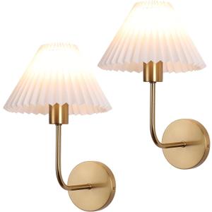 Wall Sconces Sets of 2, White Pleated Fabric lampshade, Brushed Gold Wall Lamp Curved Wall Lighting Bathroom Dresser Hardwired sconces wall decor Fixture Applicable to Living Room Bedroom Dining Room (14.33 inches)