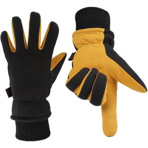 OZERO Men & Women Winter Gloves -30F Deerskin Leather Water-resistant Windproof Cold Weather Glove for Driving Hiking (Medium, Gold-black)