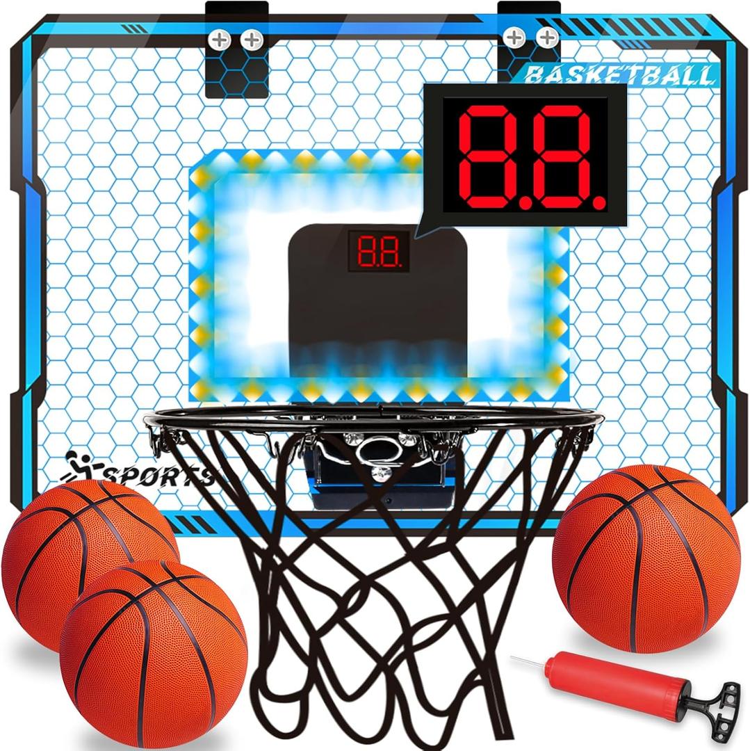 NEUBSAW Basketball Hoop Indoor with LED Lights, Basketball Toys Gifts for 5 6 7 8 9 10+ Year Old Boys Kids, Indoor Over The Door Mini Basketball Hoops with Electronic Scoreboard & 3 Balls (Blue)