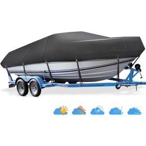 Boat Cover 16ft-18.5 ft, Heavy Duty Covers fits Bass Boats, V-Hull, Tri-Hull, Runabout, Fishing Boats, Waterproof Trailerable Boat Cover, Marine Grade Canvas Outboard Cover, (Black, Length 16' Height 12')