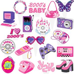 48pcs Y2k 2000s Party Cupcake Toppers Y2K Decorations Early 2000s Pink Party Cake Cupcake Decorations for 00s Hot Girls Women Teen Pink Birthday Party Supplies