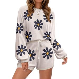 Ekouaer Knit Pajamas Set for Women Lounge Wear Sets Long Sleeve Sweatsuit Matching 2 Piece Outfits Casual Sweater Sets S-XXL (Medium, Floral White)