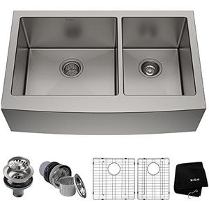 KRAUS Standart Pro 33-Inch Apron Front Farmhouse 16-Gauge 60/40 Double Bowl Stainless Steel Kitchen Sink, KHF203-33