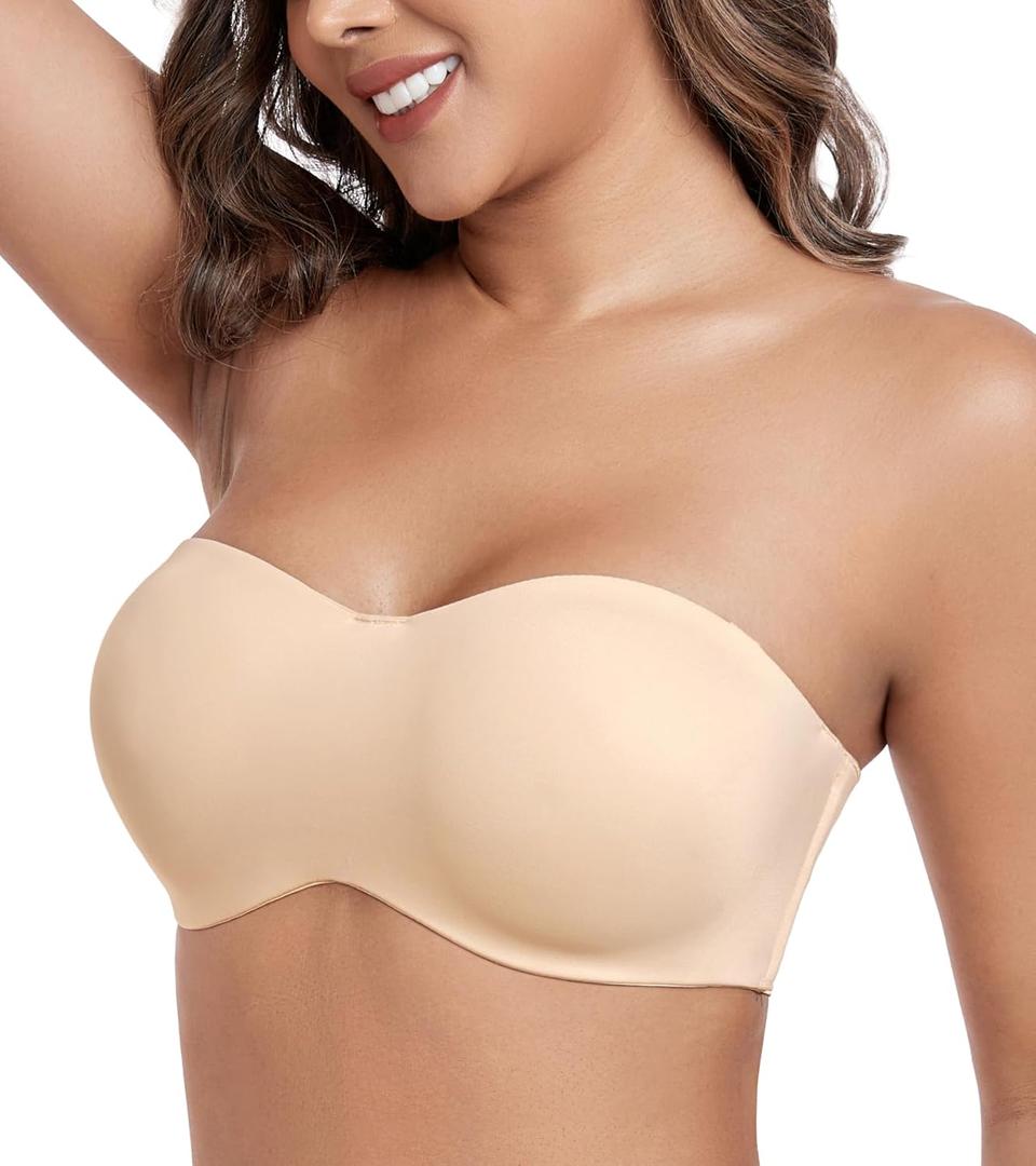 HACI Women's Unlined Strapless Bra for Plus Size Minimizer Seamless Underwire Large Bust Bandeau (38DDD, Beige)
