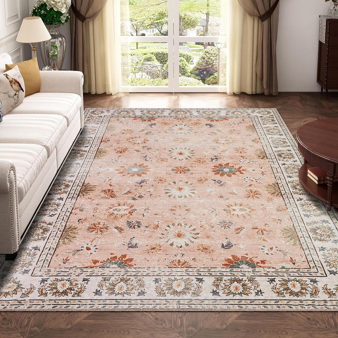 jinchan Floral 24x36 Rugs for Entryway - Machine Washable Orange Vintage Distressed Boho Design Soft Faux Wool Small Non-Slip Doormat for Entrance Kitchen Living Room Bedroom Farmhouse