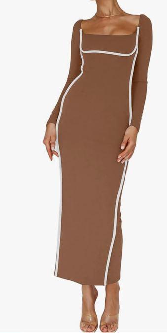 Recious Womens Sexy Long Slevee Square Neck Colorblock Bodycon Split Slim Fit Party Clubwear Dress M
