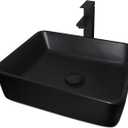 Ceramic Bathroom Sink, Black 19" x 15" Above Counter Porcelain Vessel Sink with Black Faucet and Pop up drain Set, Rectangle