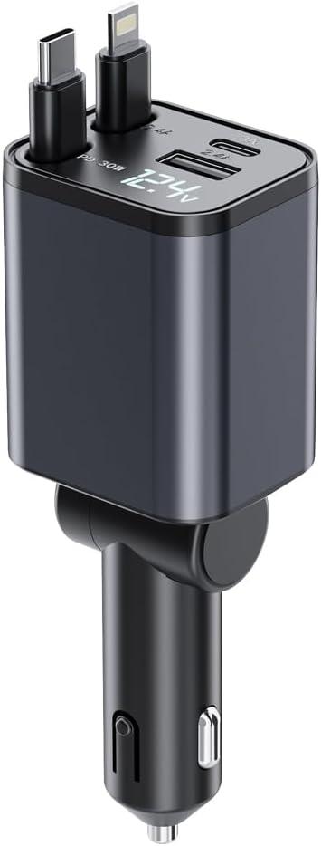 4 in 1 Retractable Car Charger,Super Fast Charging Car Chargers with 2 Retractable Cords and 2 UBS Port, Car Adapter for iPhone 16/15/14/13/12 Series and for Android