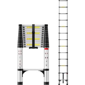 16.5 FT Telescoping Ladder, Aluminum Extension Ladder, 330 lbs Capacity with Triangular Stabilizers, Portable Collapsible Ladder for Roof, Home and RV; Silver
