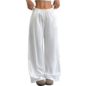 SHENHE Girl's Wide Leg Baggy Pants Drawstring Summer Boho Beach Palazzo Pants with Pockets, M, White
