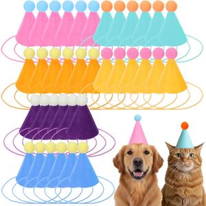 SHENLIU 36 Pcs Mini Party Hats for Stuffed Animals, Birthday Party Cone Hats for Dolls Dog Cat Rabbit Puppies Assorted Animal Birthday Decorations 6 Colors DIY Felt Cone Hat with Pom for Craft