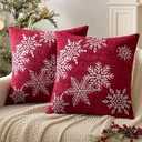 Pack of 2 Red Decorative Throw Pillow Covers 18x18 Inch Soft Chenille Pillow Cases with Snowflake Embroidery Farmhouse Couch for Home Decor Sofa Bedroom