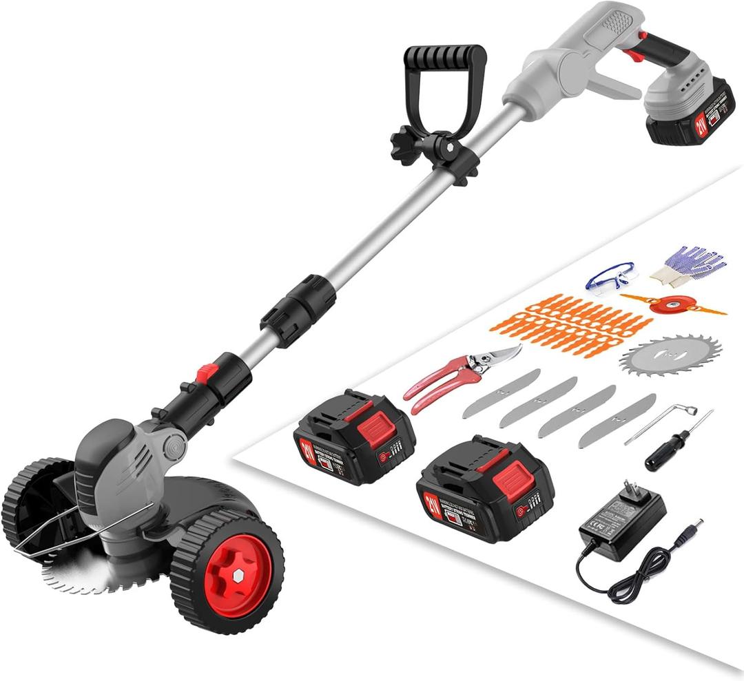 Cordless Electric Weed Wacker Battery Powered, 21v Lightweight Weed Trimmer Eater With 2 4.0Ah Battery Operated & Charger & Wheels & Shears, 3 In1 Grass Trimmer/Brush Cutter/Lawn Edger for Yard Garden