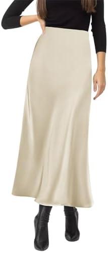 Amy Babe Women's Elegant Satin High Waisted A Line Long Skirt Hot Pink Beige, L