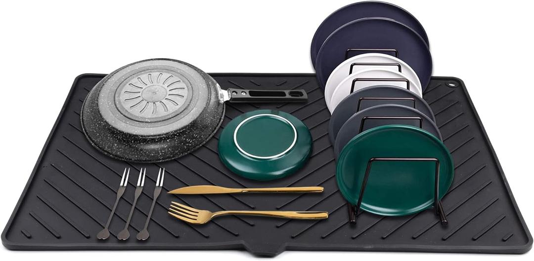 Dish Drying Mat, Silicone Dish Drying Mat for Kitchen Counter, Extra Thick & Large Dish Drainboard Mat with Built-in Drain, Non-silp, Heat Resistant, Dishwasher Safe (Black, 24" x 15")