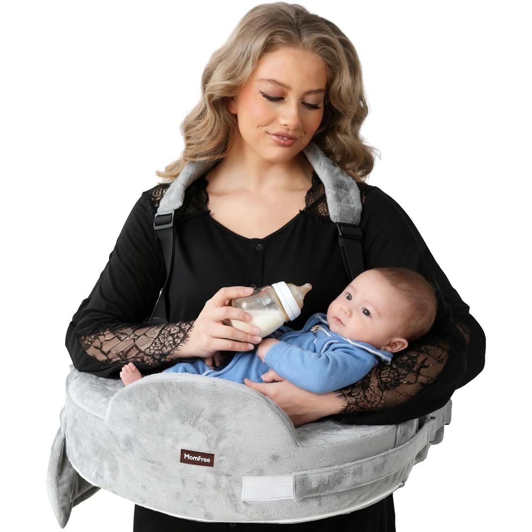 Nursing Pillow for Standing/Sitting Use- Springy Memory Foam for Support & Comfort, Large Breast Feeding Pillow - Safety Fence, Adjustable Waist Belt and Support Backrest, Removable Cover with Pocket, Light Gray