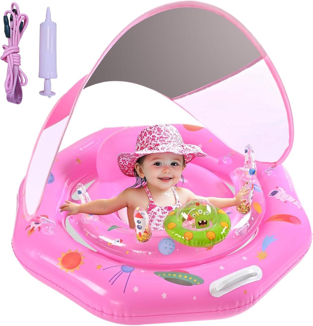 Baby Pool Float for 6-36 Months | Extra Wide Infant Pool Float with UPF50+ Canopy & Toy Play Console | Baby Floatie with Adjustable Safety Seat, Detachable Sunshade, Secure Handle & Safety Leash