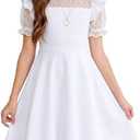 Seechoslo NEW 11-12 Years Girls Dress Mesh Polka Dot Ruffle Sleeve A-Line Party Skater Dress Wedding Guest Graduation Formal, White