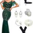 1920s Sling Offer Shoulder Tassel Flapper Fringe Long Mesh Mermaid Hem Dress Gatsby w/Accessories Set (XL, Green)